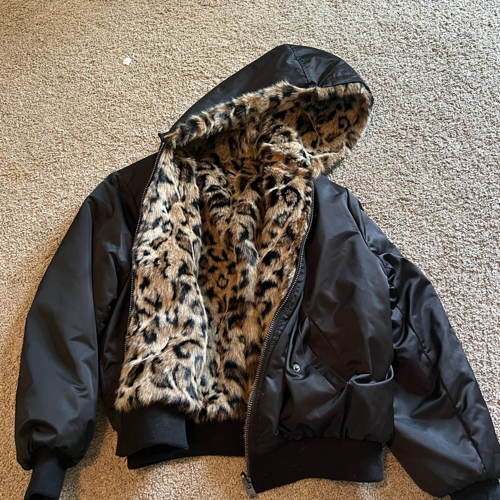 Black Bomber Jacket with Leopard Print Lining